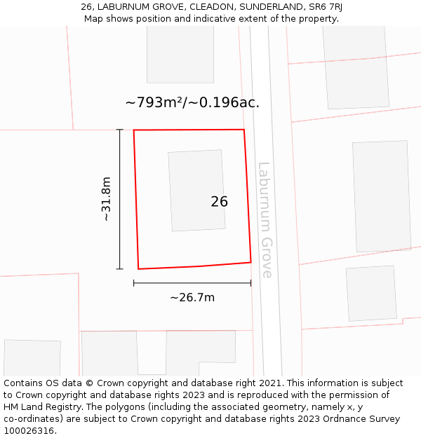 26, LABURNUM GROVE, CLEADON, SUNDERLAND, SR6 7RJ: Plot and title map