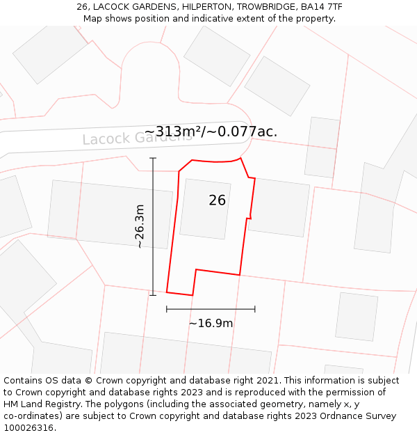 26, LACOCK GARDENS, HILPERTON, TROWBRIDGE, BA14 7TF: Plot and title map