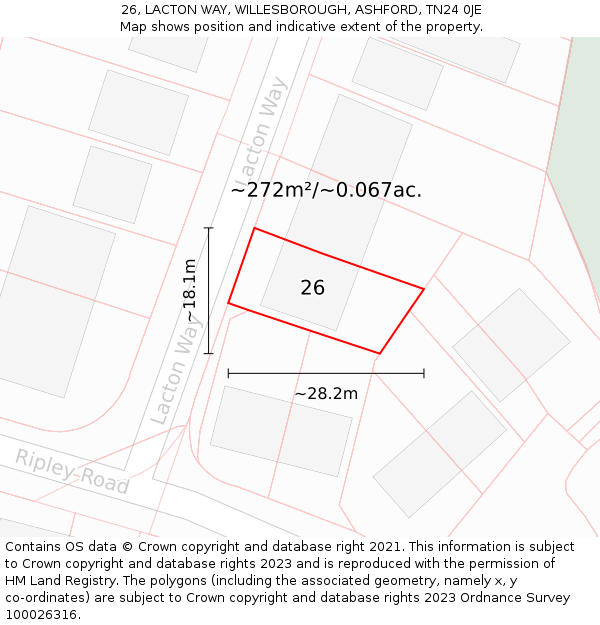 26, LACTON WAY, WILLESBOROUGH, ASHFORD, TN24 0JE: Plot and title map