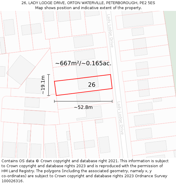 26, LADY LODGE DRIVE, ORTON WATERVILLE, PETERBOROUGH, PE2 5ES: Plot and title map
