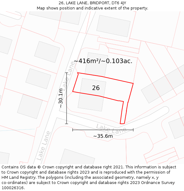 26, LAKE LANE, BRIDPORT, DT6 4JY: Plot and title map