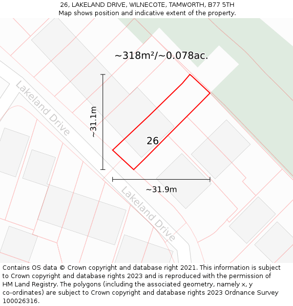 26, LAKELAND DRIVE, WILNECOTE, TAMWORTH, B77 5TH: Plot and title map