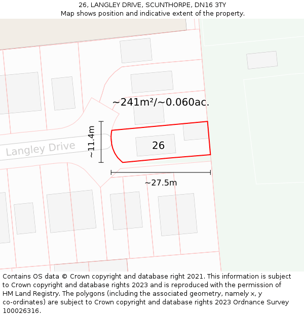 26, LANGLEY DRIVE, SCUNTHORPE, DN16 3TY: Plot and title map