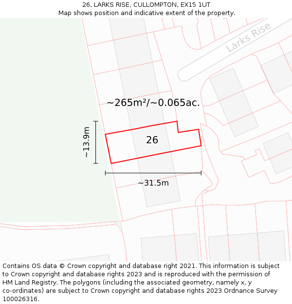 26, LARKS RISE, CULLOMPTON, EX15 1UT: Plot and title map
