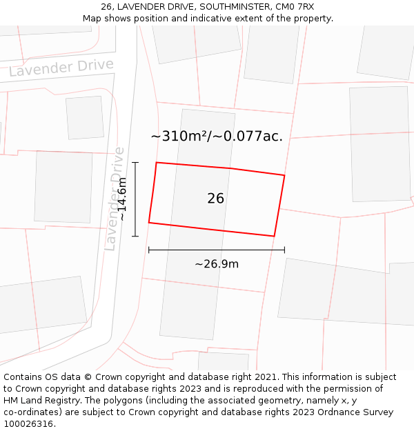 26, LAVENDER DRIVE, SOUTHMINSTER, CM0 7RX: Plot and title map