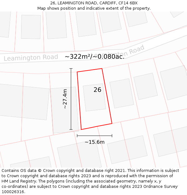 26, LEAMINGTON ROAD, CARDIFF, CF14 6BX: Plot and title map