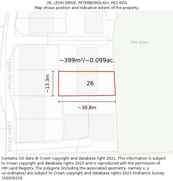26, LEON DRIVE, PETERBOROUGH, PE2 8SG: Plot and title map