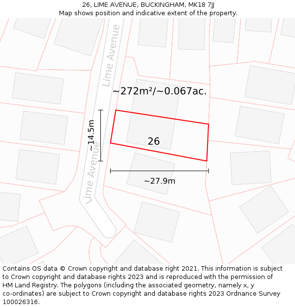 26, LIME AVENUE, BUCKINGHAM, MK18 7JJ: Plot and title map