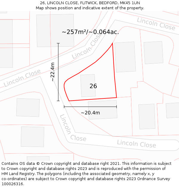 26, LINCOLN CLOSE, FLITWICK, BEDFORD, MK45 1UN: Plot and title map