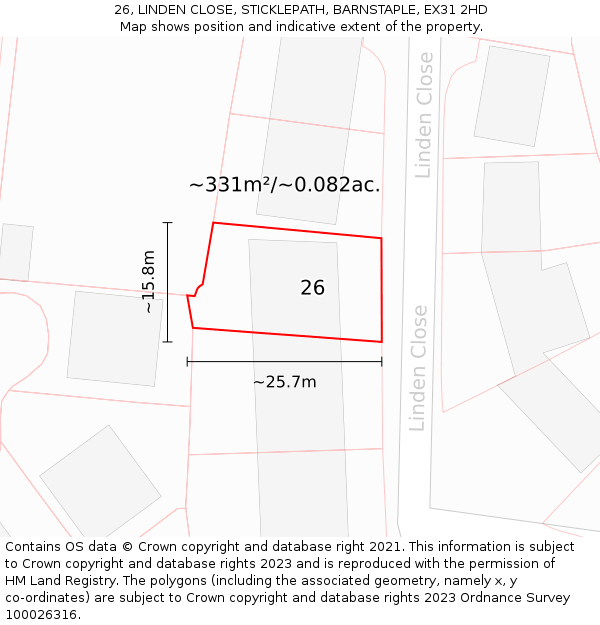 26, LINDEN CLOSE, STICKLEPATH, BARNSTAPLE, EX31 2HD: Plot and title map
