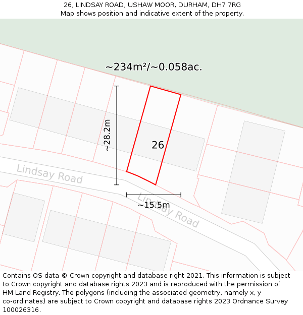 26, LINDSAY ROAD, USHAW MOOR, DURHAM, DH7 7RG: Plot and title map