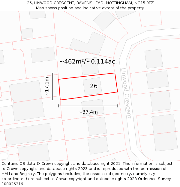 26, LINWOOD CRESCENT, RAVENSHEAD, NOTTINGHAM, NG15 9FZ: Plot and title map