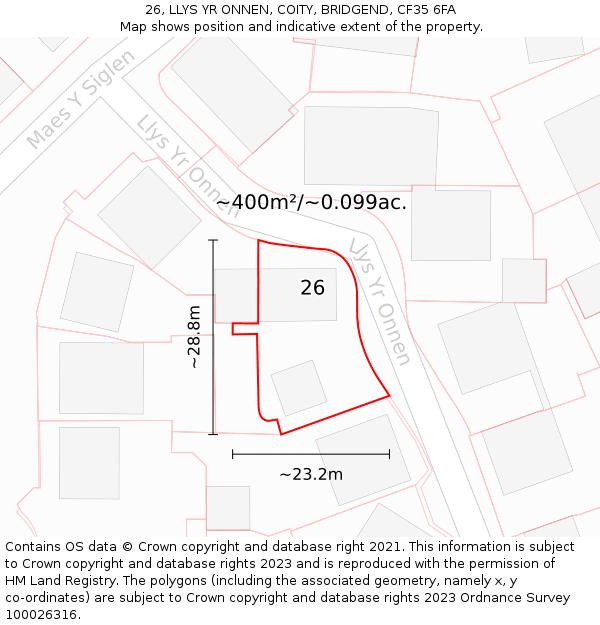 26, LLYS YR ONNEN, COITY, BRIDGEND, CF35 6FA: Plot and title map