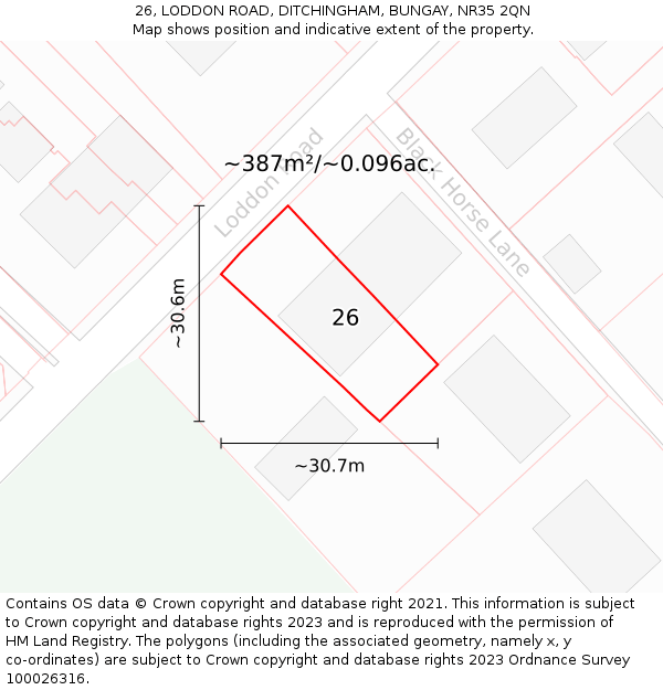 26, LODDON ROAD, DITCHINGHAM, BUNGAY, NR35 2QN: Plot and title map