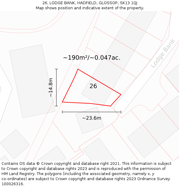 26, LODGE BANK, HADFIELD, GLOSSOP, SK13 1QJ: Plot and title map