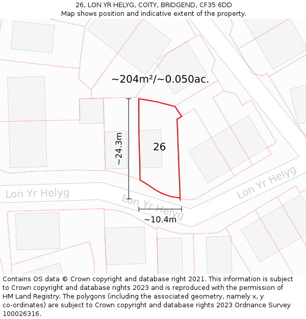 26, LON YR HELYG, COITY, BRIDGEND, CF35 6DD: Plot and title map