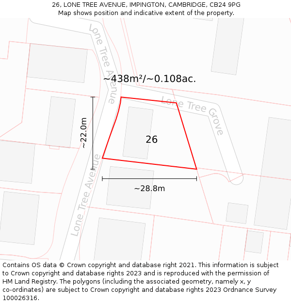 26, LONE TREE AVENUE, IMPINGTON, CAMBRIDGE, CB24 9PG: Plot and title map