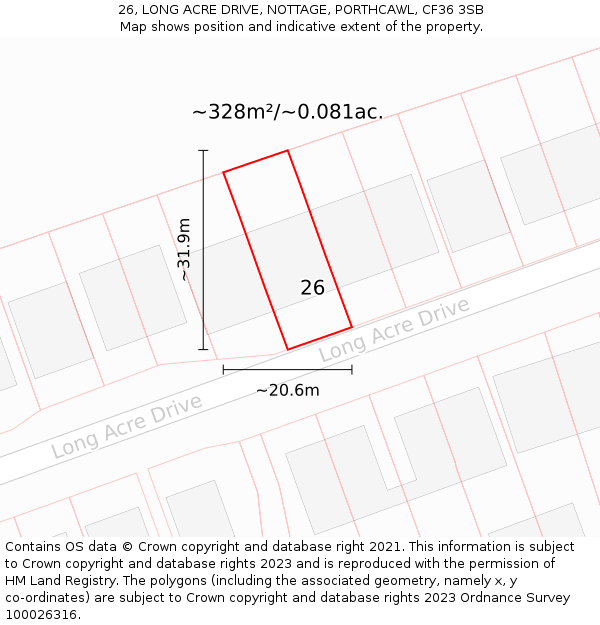 26, LONG ACRE DRIVE, NOTTAGE, PORTHCAWL, CF36 3SB: Plot and title map