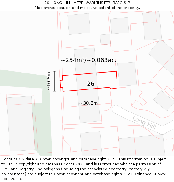 26, LONG HILL, MERE, WARMINSTER, BA12 6LR: Plot and title map