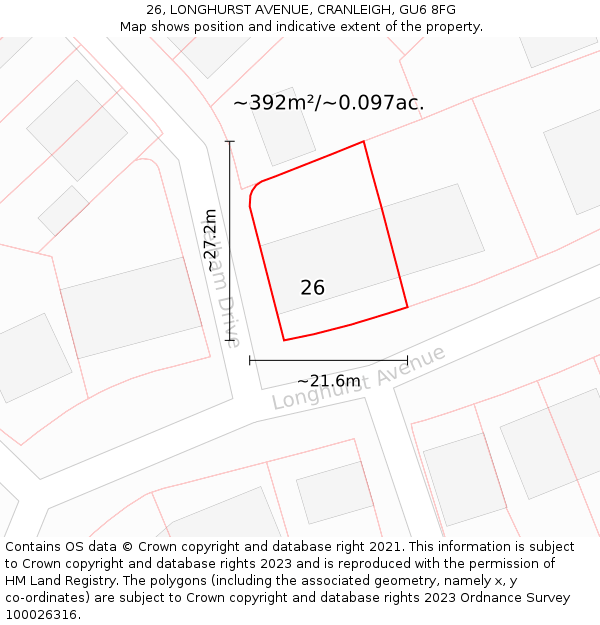26, LONGHURST AVENUE, CRANLEIGH, GU6 8FG: Plot and title map