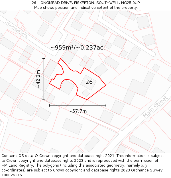 26, LONGMEAD DRIVE, FISKERTON, SOUTHWELL, NG25 0UP: Plot and title map