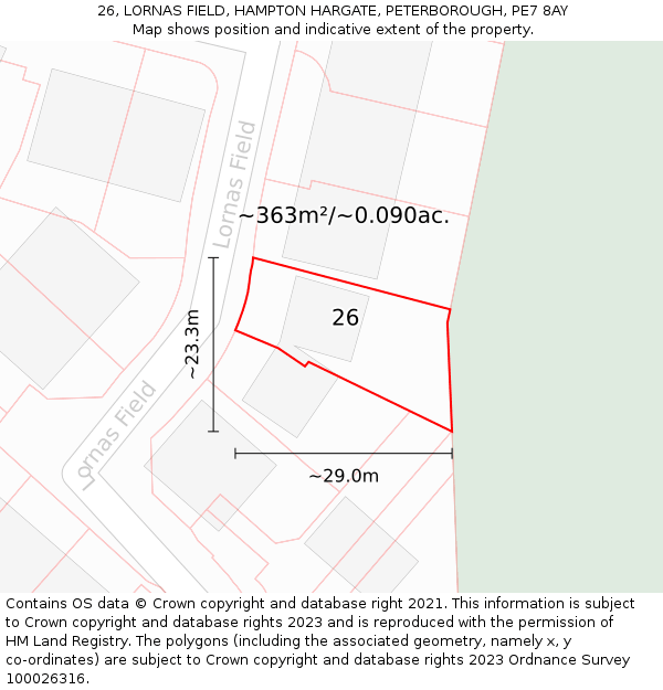 26, LORNAS FIELD, HAMPTON HARGATE, PETERBOROUGH, PE7 8AY: Plot and title map
