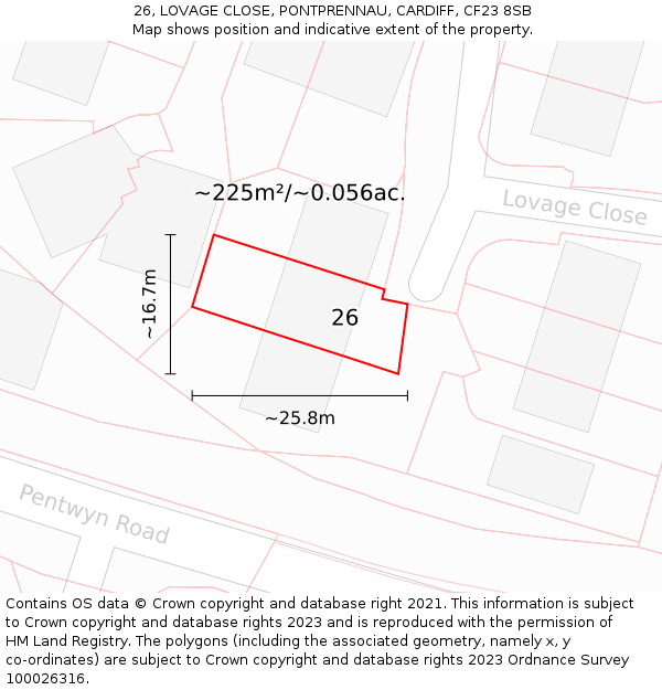 26, LOVAGE CLOSE, PONTPRENNAU, CARDIFF, CF23 8SB: Plot and title map