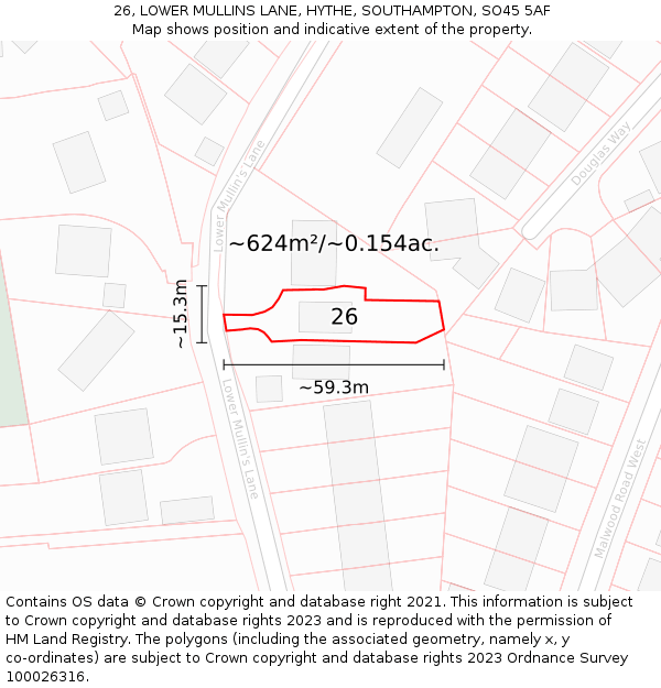 26, LOWER MULLINS LANE, HYTHE, SOUTHAMPTON, SO45 5AF: Plot and title map