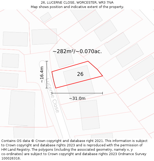 26, LUCERNE CLOSE, WORCESTER, WR3 7NA: Plot and title map