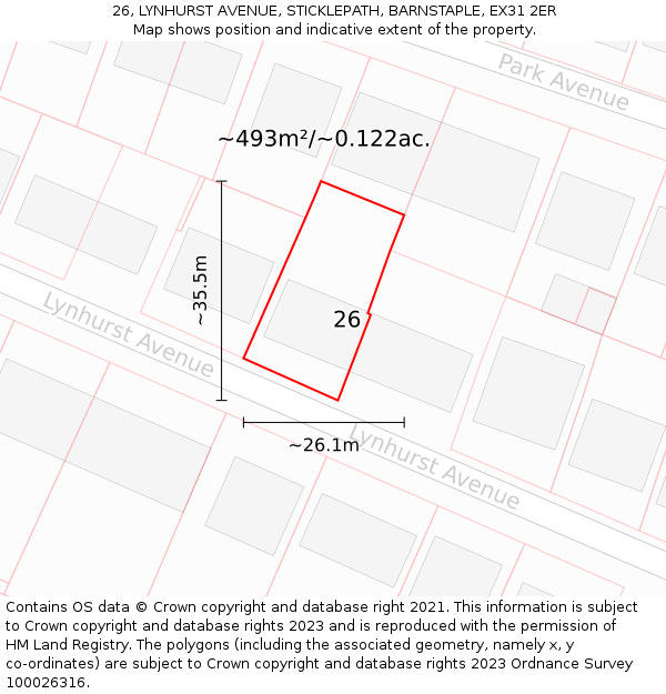 26, LYNHURST AVENUE, STICKLEPATH, BARNSTAPLE, EX31 2ER: Plot and title map