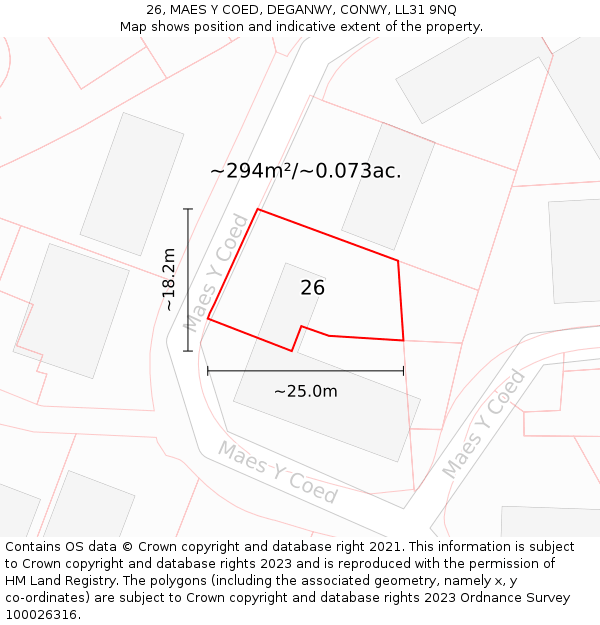 26, MAES Y COED, DEGANWY, CONWY, LL31 9NQ: Plot and title map