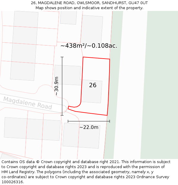 26, MAGDALENE ROAD, OWLSMOOR, SANDHURST, GU47 0UT: Plot and title map