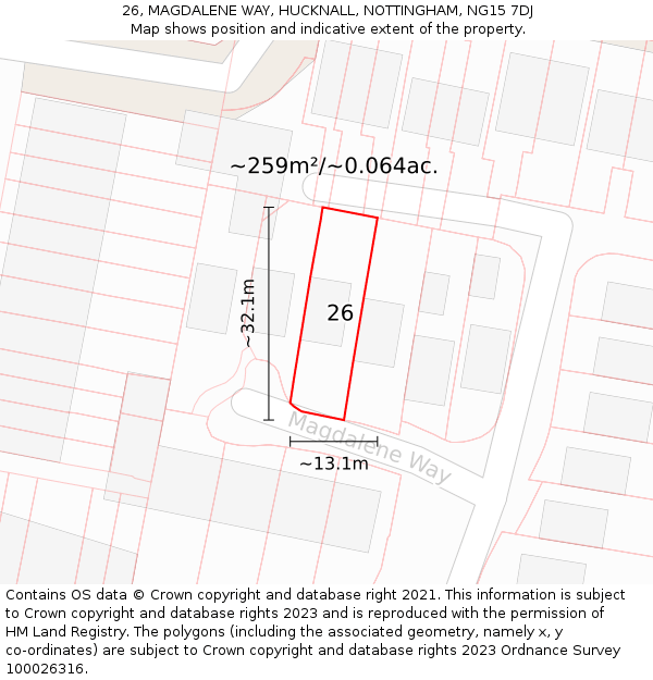 26, MAGDALENE WAY, HUCKNALL, NOTTINGHAM, NG15 7DJ: Plot and title map