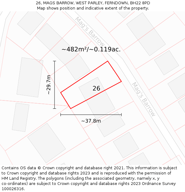 26, MAGS BARROW, WEST PARLEY, FERNDOWN, BH22 8PD: Plot and title map