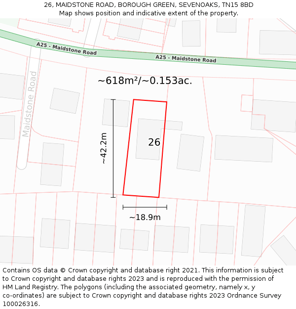 26, MAIDSTONE ROAD, BOROUGH GREEN, SEVENOAKS, TN15 8BD: Plot and title map