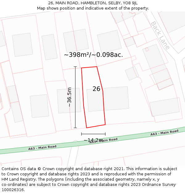 26, MAIN ROAD, HAMBLETON, SELBY, YO8 9JL: Plot and title map