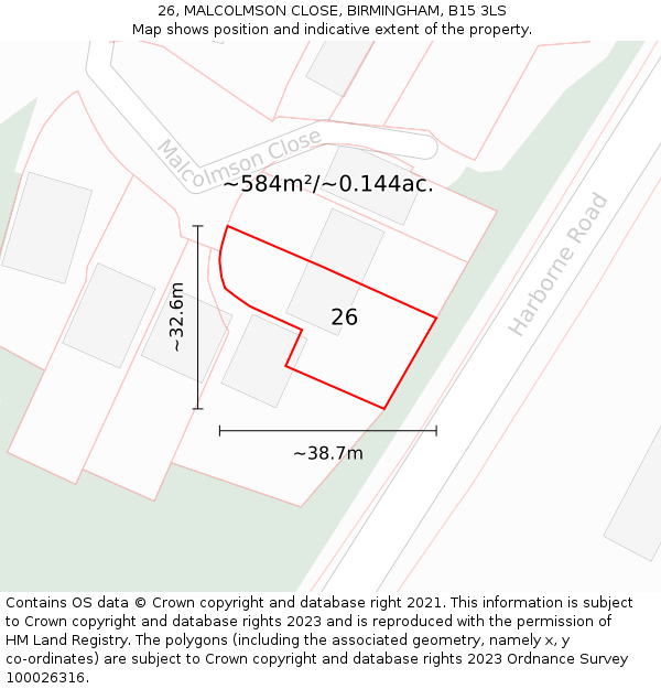 26, MALCOLMSON CLOSE, BIRMINGHAM, B15 3LS: Plot and title map