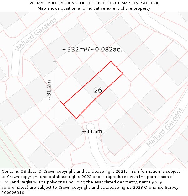 26, MALLARD GARDENS, HEDGE END, SOUTHAMPTON, SO30 2XJ: Plot and title map