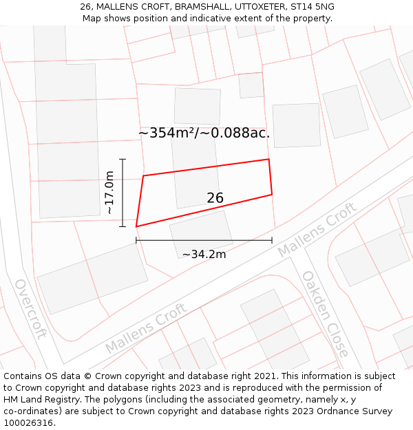 26, MALLENS CROFT, BRAMSHALL, UTTOXETER, ST14 5NG: Plot and title map