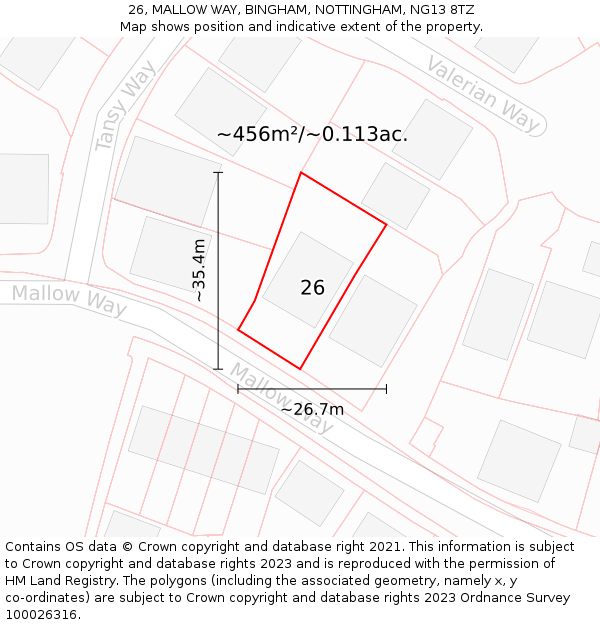 26, MALLOW WAY, BINGHAM, NOTTINGHAM, NG13 8TZ: Plot and title map