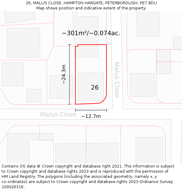 26, MALUS CLOSE, HAMPTON HARGATE, PETERBOROUGH, PE7 8DU: Plot and title map