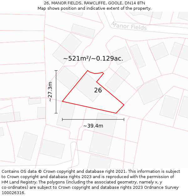 26, MANOR FIELDS, RAWCLIFFE, GOOLE, DN14 8TN: Plot and title map
