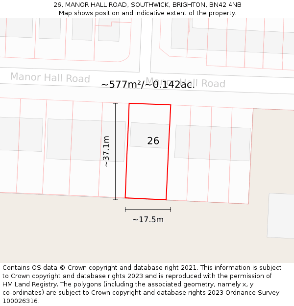 26, MANOR HALL ROAD, SOUTHWICK, BRIGHTON, BN42 4NB: Plot and title map
