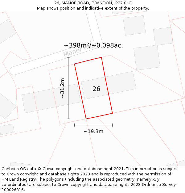 26, MANOR ROAD, BRANDON, IP27 0LG: Plot and title map