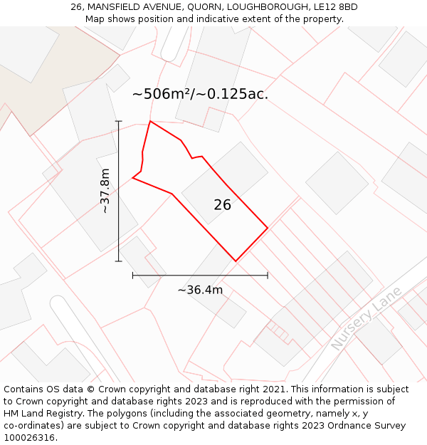 26, MANSFIELD AVENUE, QUORN, LOUGHBOROUGH, LE12 8BD: Plot and title map