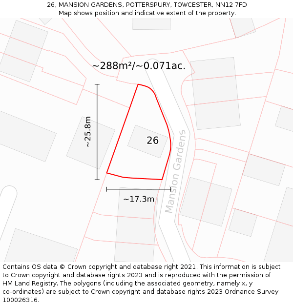 26, MANSION GARDENS, POTTERSPURY, TOWCESTER, NN12 7FD: Plot and title map