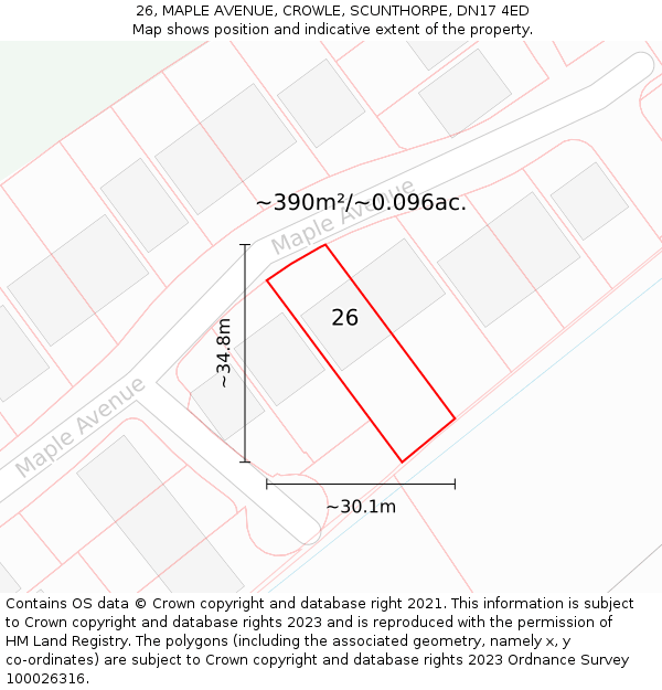 26, MAPLE AVENUE, CROWLE, SCUNTHORPE, DN17 4ED: Plot and title map