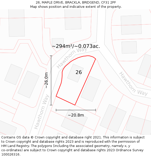 26, MAPLE DRIVE, BRACKLA, BRIDGEND, CF31 2PF: Plot and title map