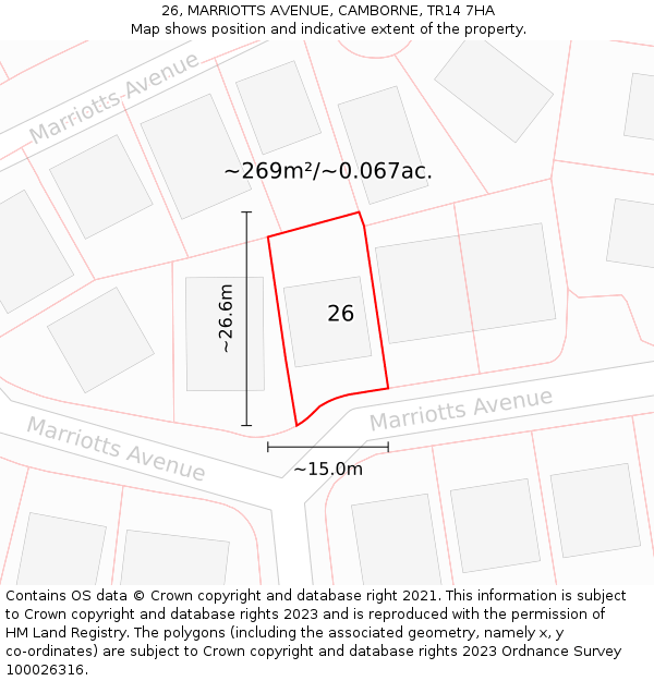 26, MARRIOTTS AVENUE, CAMBORNE, TR14 7HA: Plot and title map