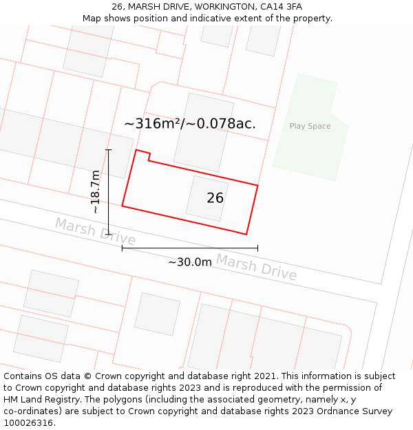 26, MARSH DRIVE, WORKINGTON, CA14 3FA: Plot and title map